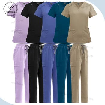 Niaahinn Uniform Krankens ch wester Frauen Schönheits salon Gesundheits wesen Tierklinik Arbeit tragen Pflege zubehör Labor kittel Tasche Hosen Peelings Anzüge