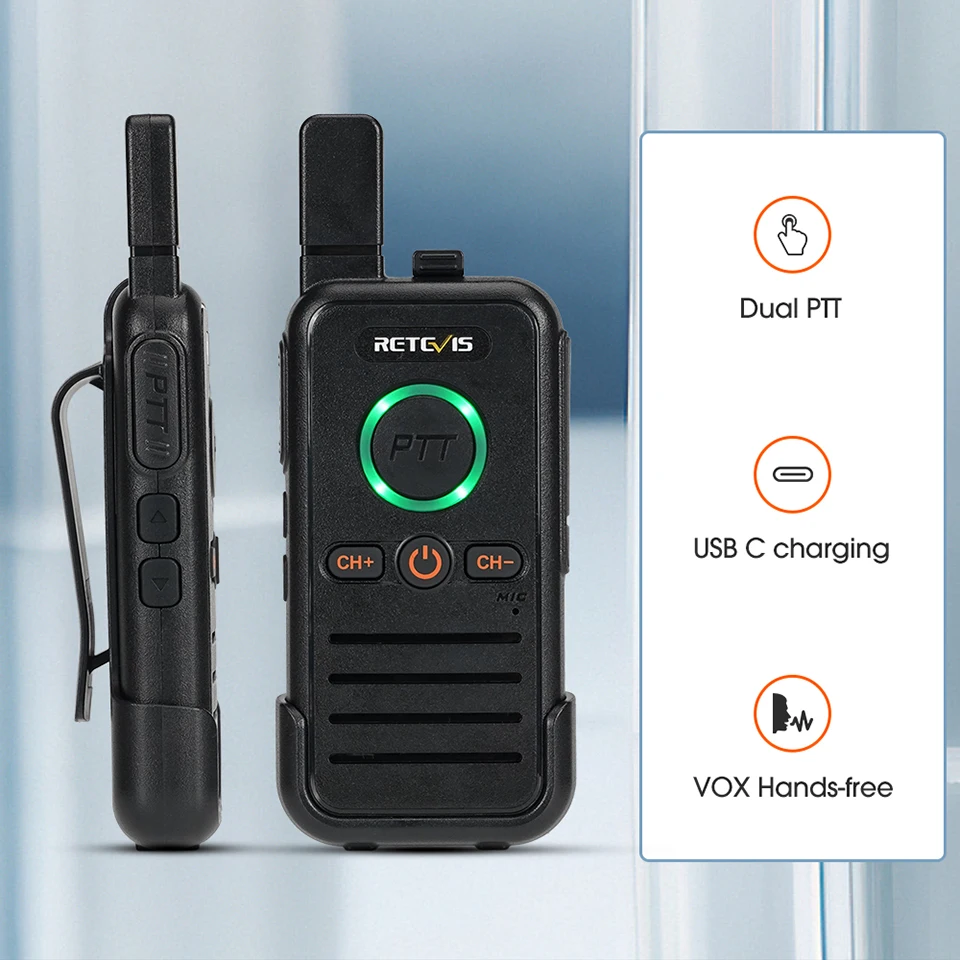 Retevis RB645 Walkie-Talkie PMR446 Dual PTT Professionelles Tragbares Lizenzfreies Zweiwege-Funkgerät VOX USB-C für Hotel Restaurant – Detail 1