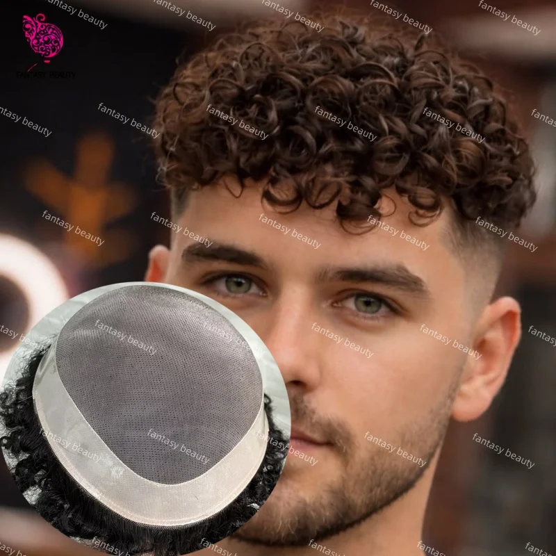 

Fine Mono Base With PU Around 15mm Afro Curly Toupee Men Wig Natural #2#4 Brown Human Hair Male Wigs Male Hair Prosthesis System
