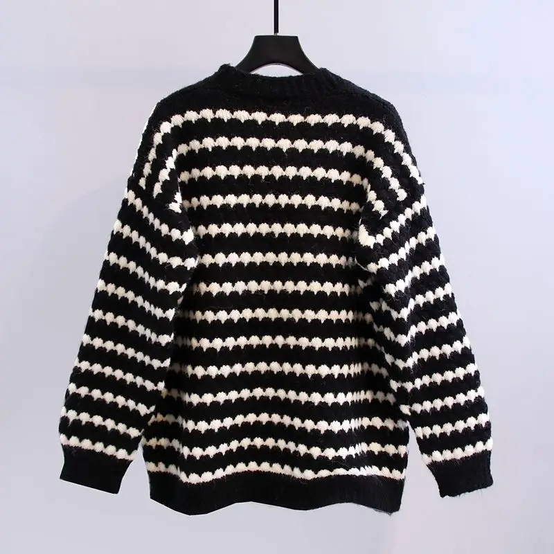 Women Vintage Striped Harajuku Streetwear Oversized Knitted Sweater Coat Autumn Winter Casual V-neck Long Sleeve Button Cardigan