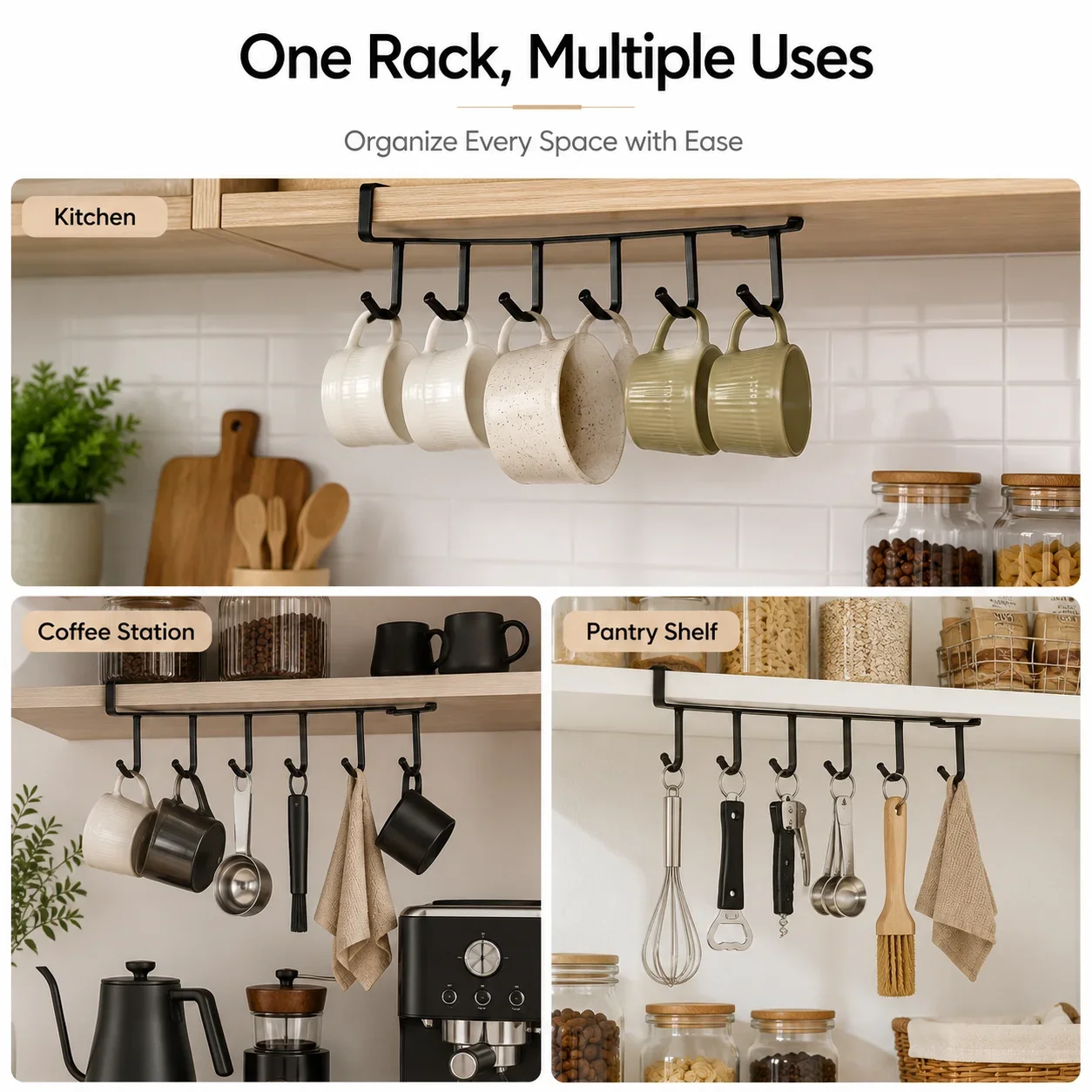 6 Hook Wall Mounted Hanger, No-Drill Kitchen Bathroom Towel Rack with Strong Adhesive, Space Saving