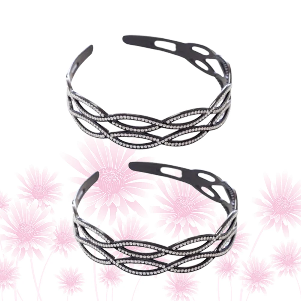 

2Pcs Stylish Rhinestone Headdress Hair Hoops Comfortable Headband For Women All Match Headwrap Black Elegant Design