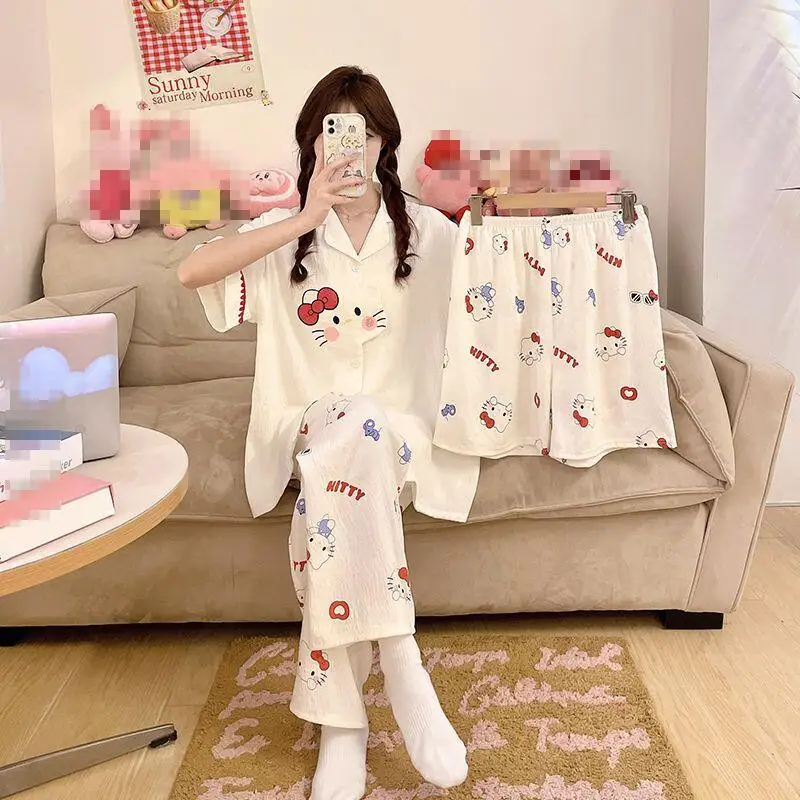 

Новый весенний комплект: Модный и удобный домашний костюм для девочек — мультяшные аниме-пижамы с длинными рукавами, брюками и кардиганом.