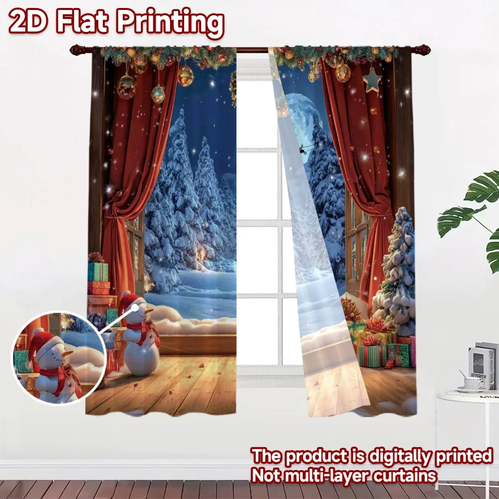 2D flat 2pcs Curtain Retro Country Style Christmas Snowy Scene Digitally printed polyester Festive Curtains Perfect for Outdoor