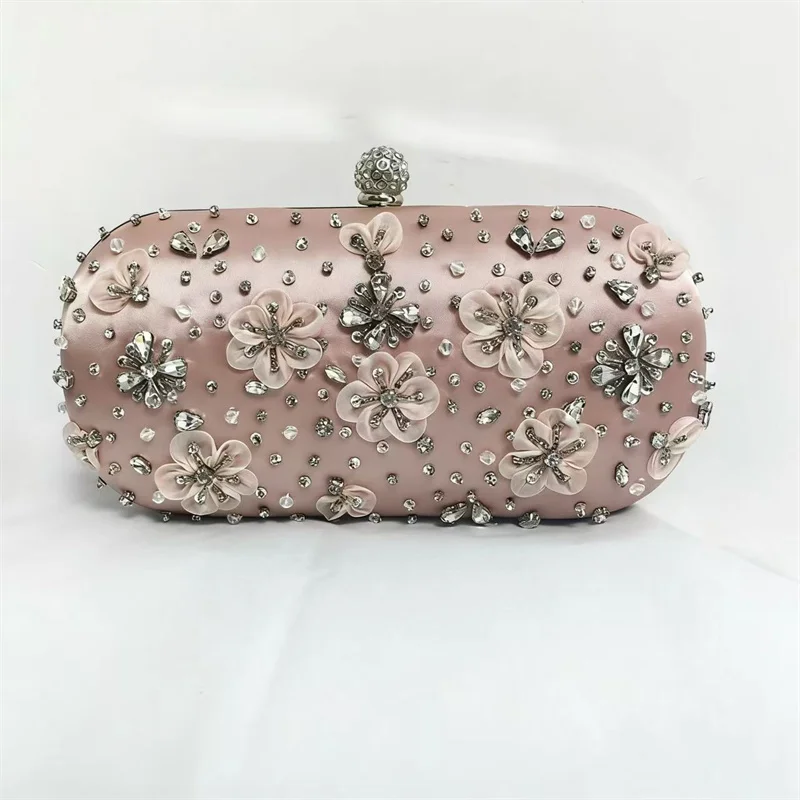 New Silky Evening Clutch Women’s Satin Flower Beads Pearl Pink Bag Elegant Party Handbag Fashion Purse for Wedding Dinner Gown
