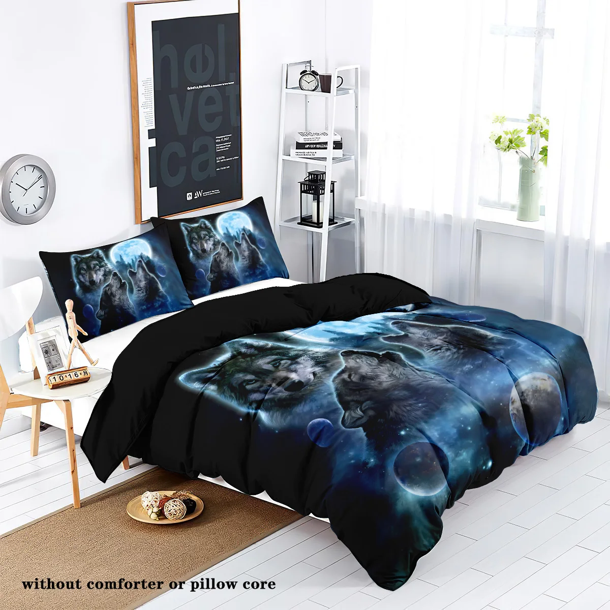 Wolf and Moon Theme Series Print bedding set,comfortable,warm,For bedroom,hotel,homestay(1*down duvet cover+2*pillowcase,No core