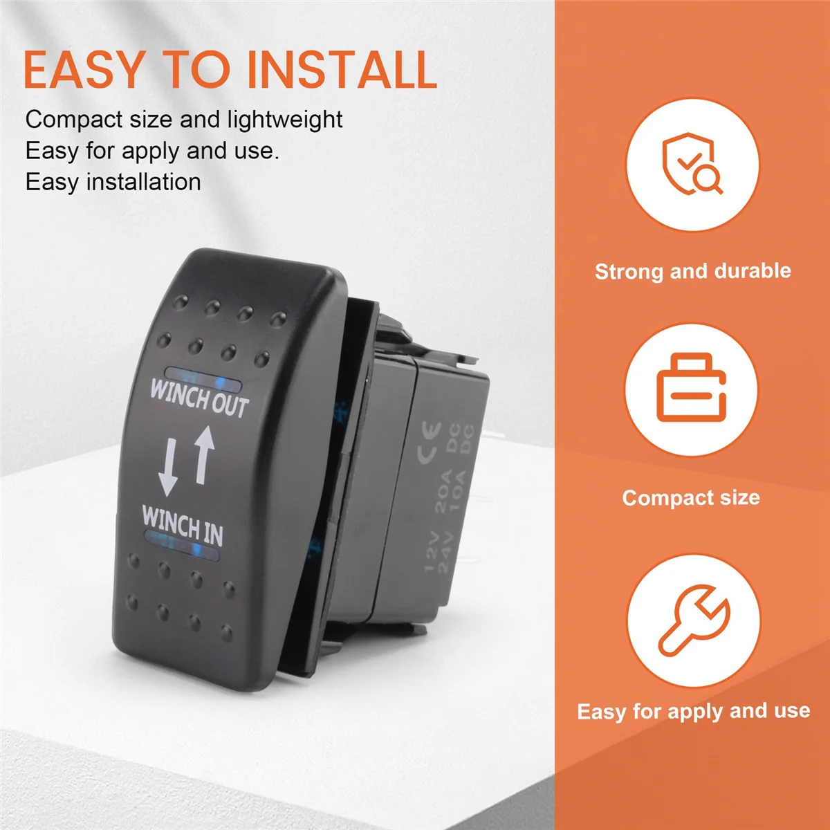 12V 20A Winch In Winch Out ON-OFF-ON Rocker Switch 7 Pin LED blue