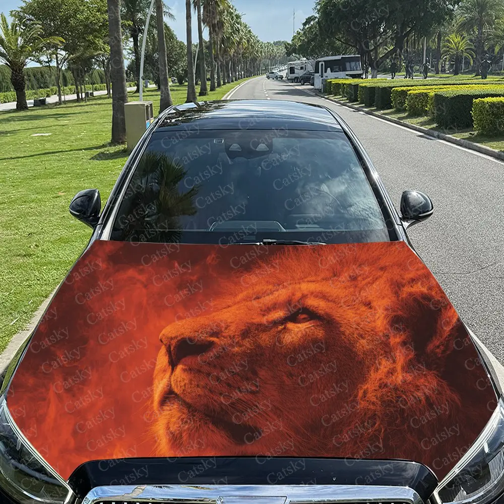 Car Decal Lion with Red Textural Artistic Fusion Design, Creating a Mysterious and Commanding Visual Car Hood Sticker, Waterproo