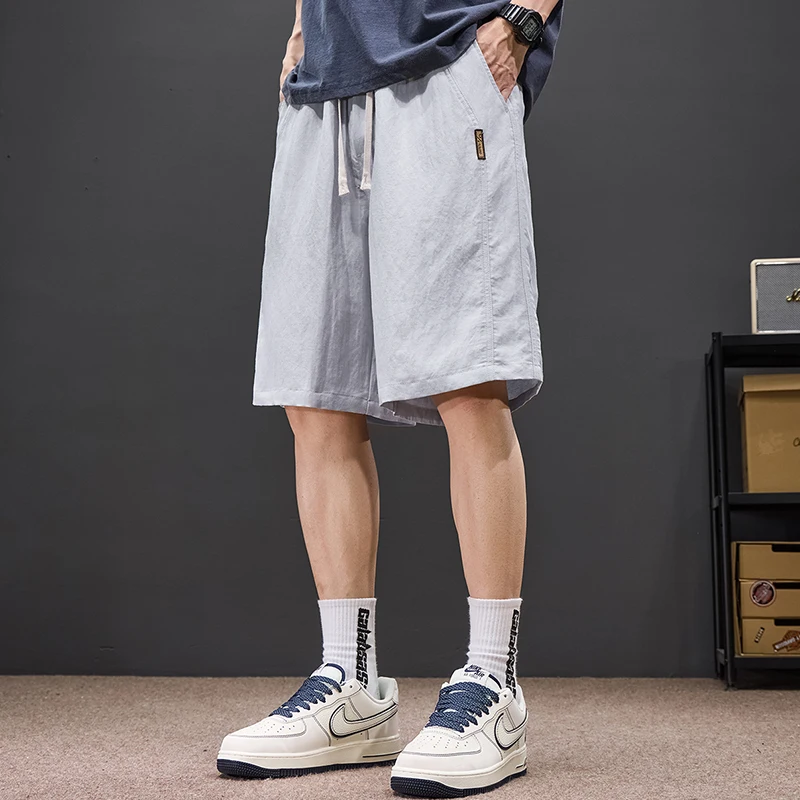 Men Tencel Linen Shorts Summer Breathable Lightweight Loose Fit Straight-leg Casual Elastic Waistband Quick-Dry Short Trousers