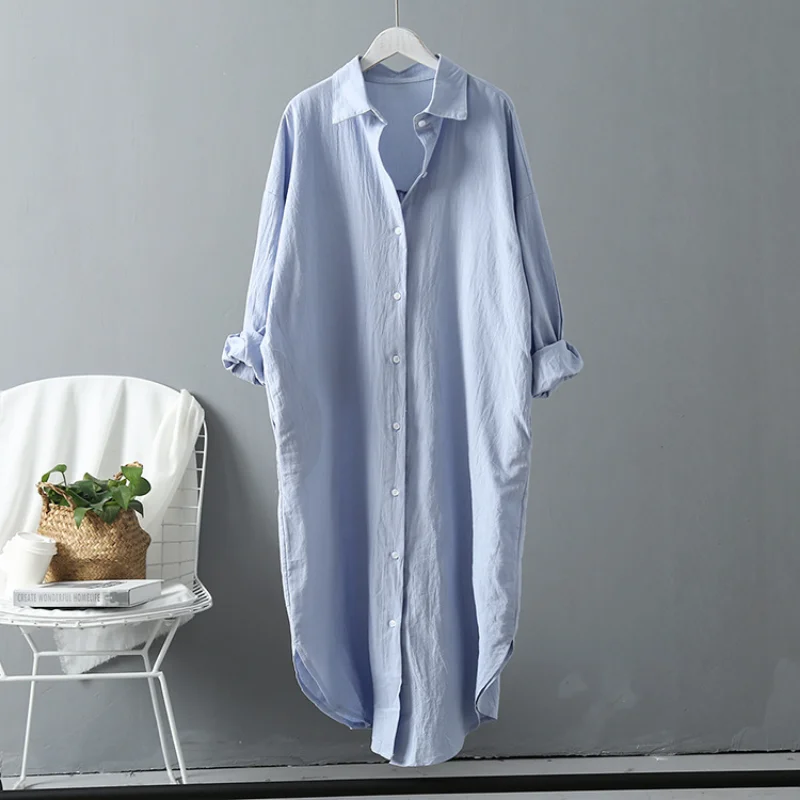 QWEEK-ropa de casa de algodón para mujer, ropa de dormir larga, Vestido camisero blanco, cárdigan informal coreano Vintage, camisón de verano