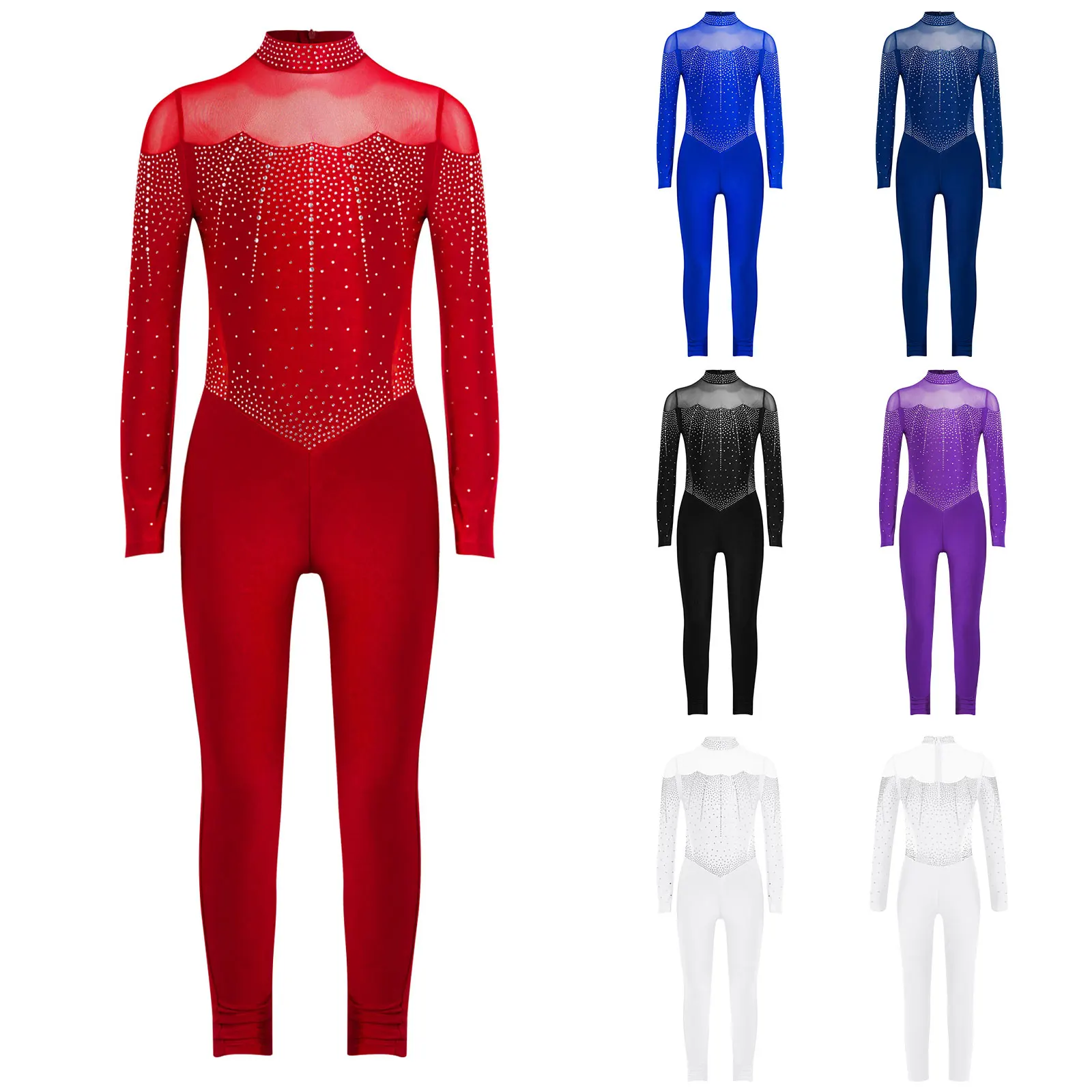 ชุดบอดี้สูทเต้นบัลเลต์ ยิมนาสติก สำหรับเด็กผู้หญิง ประดับคริสตัล ชุดสเก็ต ชุดเต้นรำแขนยาว ผ้าตาข่ายบาง