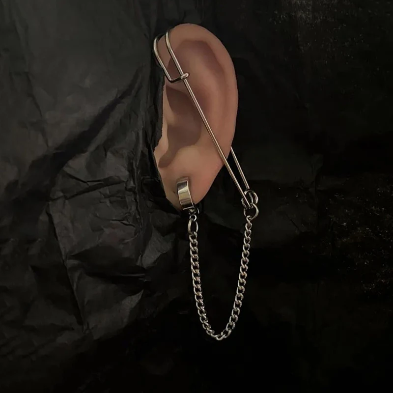1pc Stainless Steel Pin Chain Ear Clip Fashion Exaggerated Non Piercing Earrings for Men Women Stylish Bold Design Ear Jewelry