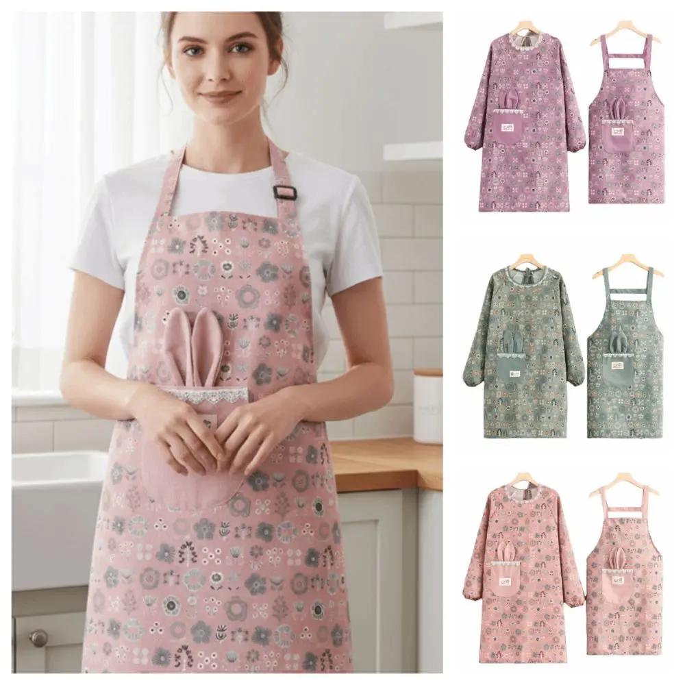 

2Pcs Canvas Kitchen Cooking Apron Breathable Protective Long Sleeve Apron Back Lace Up Household Suspender Work Dress