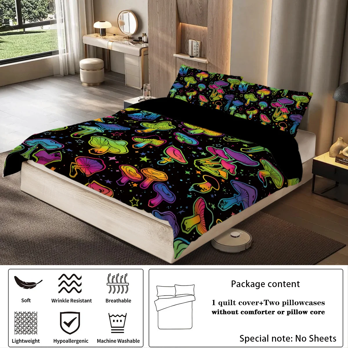 3-piece down duvet cover with gradient mushroom print (1 down duvet cover+2 pillowcases, no core) Halloween themed bedding set