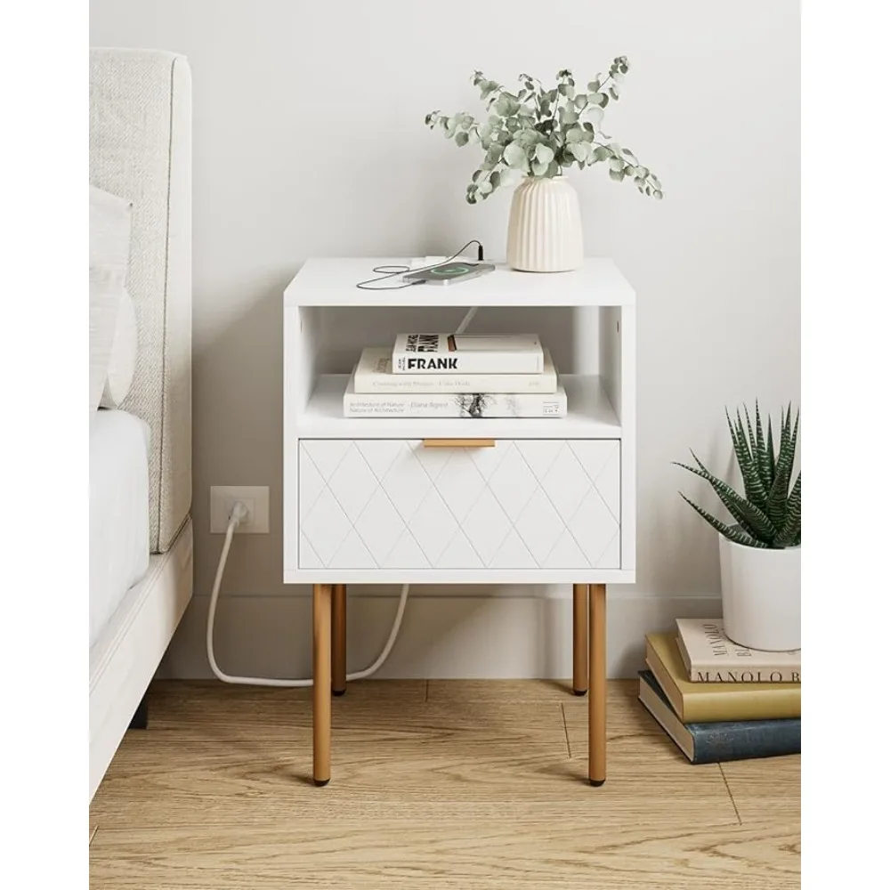 Small Side Table With Drawer Dresser for Bedroom Living Room Home Furniture Night Stand Nightstand With Charging Station Bedside