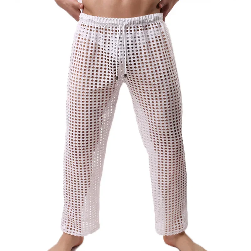 

Loose Casual Fishnet Pyjamas Bottoms Transparent Homewear Sleep Home Pants Lacing Men Breathable Mesh Pants Lounge Sexy Trousers