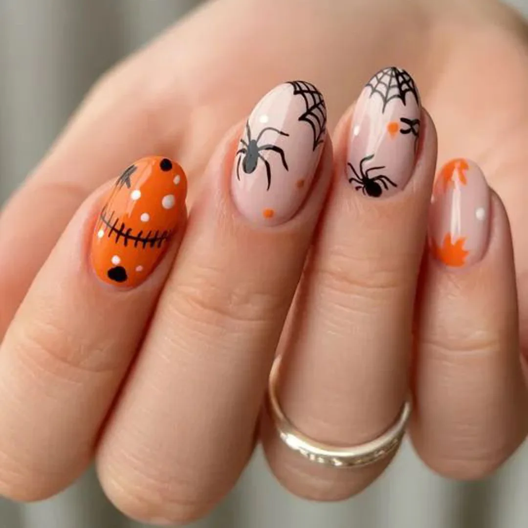 Faux ongles à presser couleur nude douce pour Halloween, motif toile d'araignée et citrouille, forme ovale, style européen et américain, portables