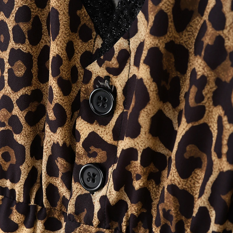 INCERUN Men Jumpsuits Leopard Print Lace Patchwork Lapel Long Sleeve Overalls Men Streetwear Loose Fashion Casual Male Rompers