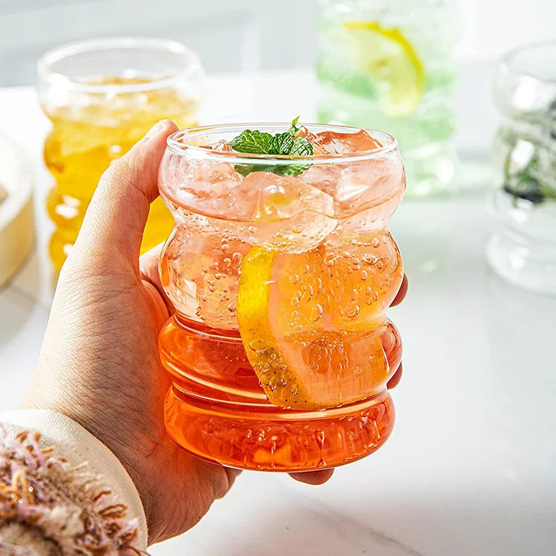 YWD 1/2/4PCS Glass Cup with Lid Straw Heat-resistant Wave Cup Beer Juice Ice Coffee Cups Cocktail Fruit Glass Drinkware