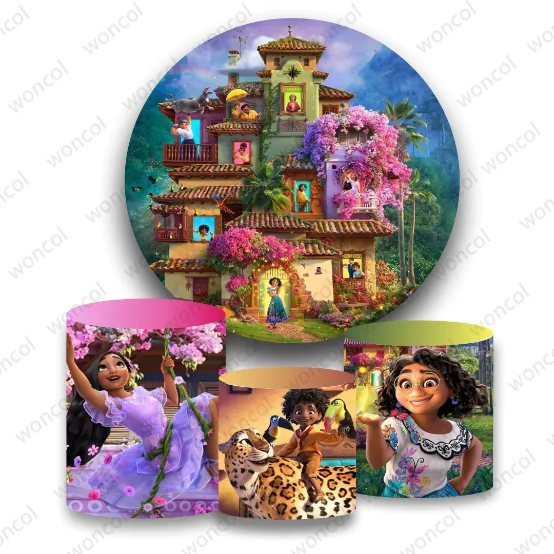 Encanto Round Background Girl Birthday Backdrop Disney Encanto Antonio Mirabel Isabela Cylinder Cover Baby Shower Decor Prop