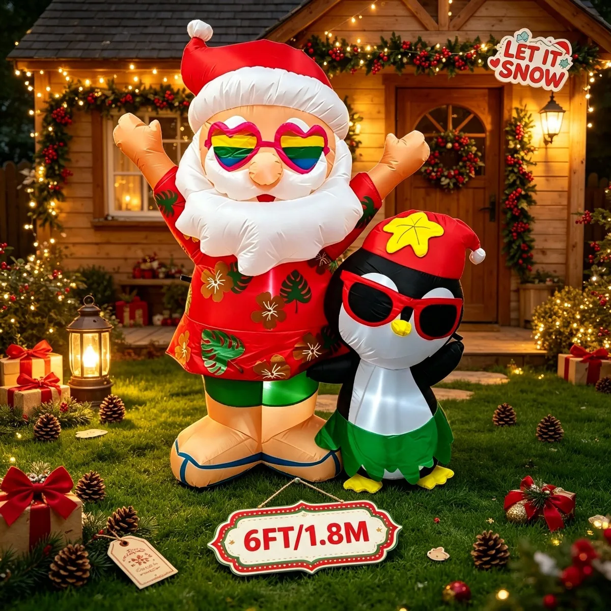 Christmas Tropical Santa Penguin Inflatable Toys LED Blow Up Yard Lawn Decor