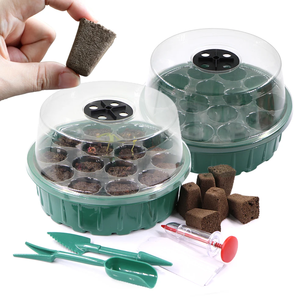 14 Cells Round Plant Seed Starting Pot with Grow Sponge Starter Germinate Transparent Cover Humidity Dome Nursery Seedling Trays