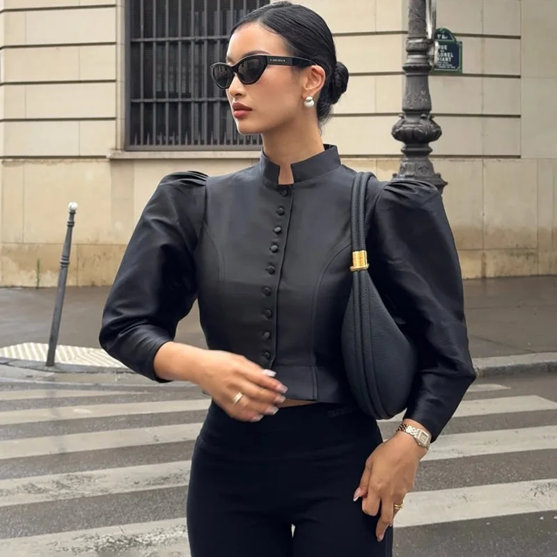

Ticketsx Vintage Half High Collar Jacket Women Solid Single Breasted Jacket Coat Fashion Autumn High Street Female Short Jacket