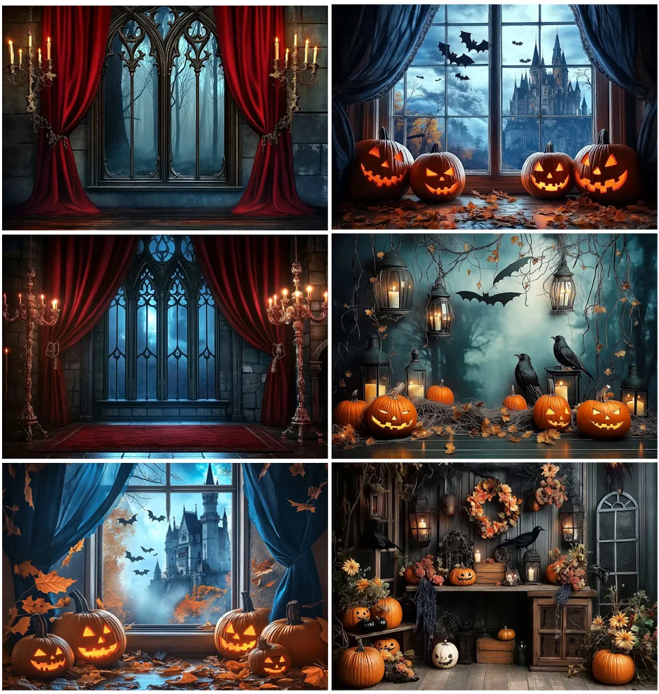 

Halloween Castle Bats Ghost Pumpkins Backdrops Kid Adult Child Baby Photocall Evil Witch Bats Retro Photography Backgrounds