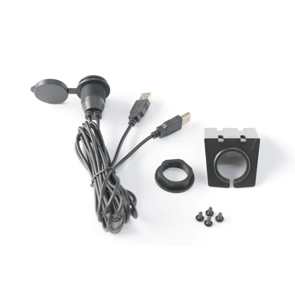Car Dashboard Dual USB 2.0 Socket Round Interface for Vehicles RVs Motorcycles 150CM Cable ABS Black 5V Output
