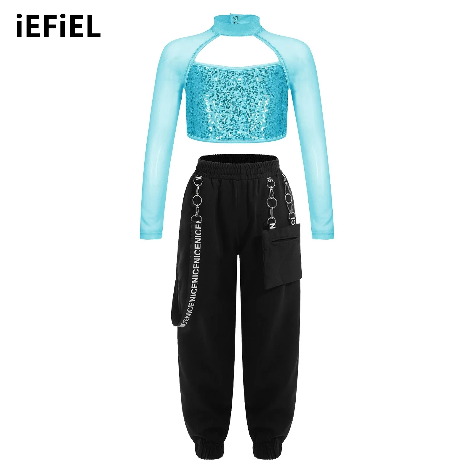 

Kids Girls Dance Outfit Shiny Sequin Decorated Cutout Crop Top with Elastic Waistband Pocket Pants for Performance Competition