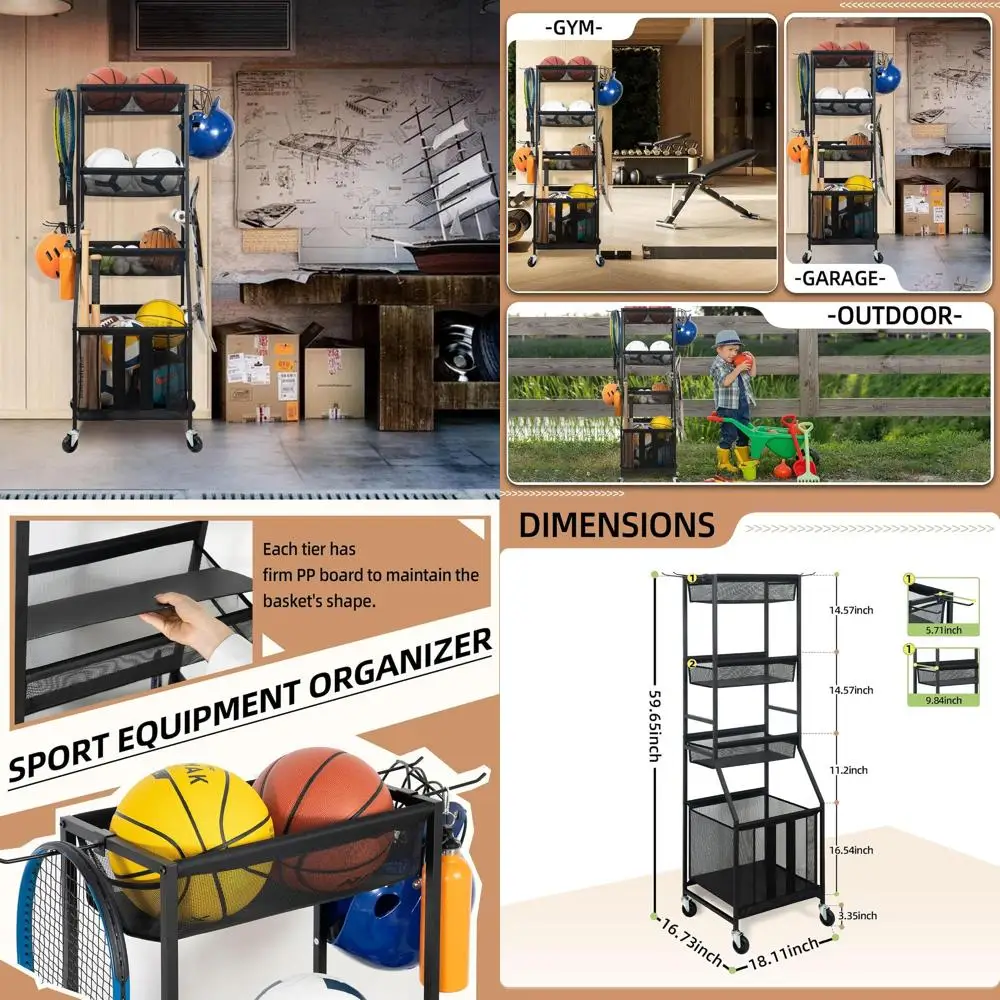 

Металлическая стойка для хранения спортивных мячей на колесиках, органайзер для гаражного спортзала с полками, баскетбольная клетка для использования в помещении и на открытом воздухе