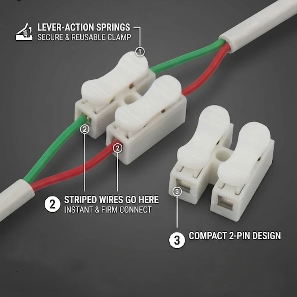 CH-2 Quick Wire Connectors 2-Pin Spring Lever Strips Terminal Blocks Tool-Free Electrical Cable Clamp Splice for LED Strip Light
