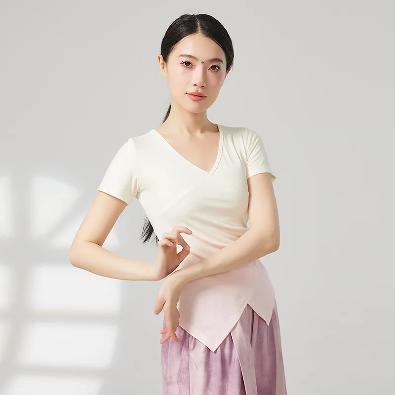 Short Sleeve Tee Shirt Women Summer Modern Dance Practice Top Gradient Two Color Ribbed Clothes Classical Basic Team Dancer New