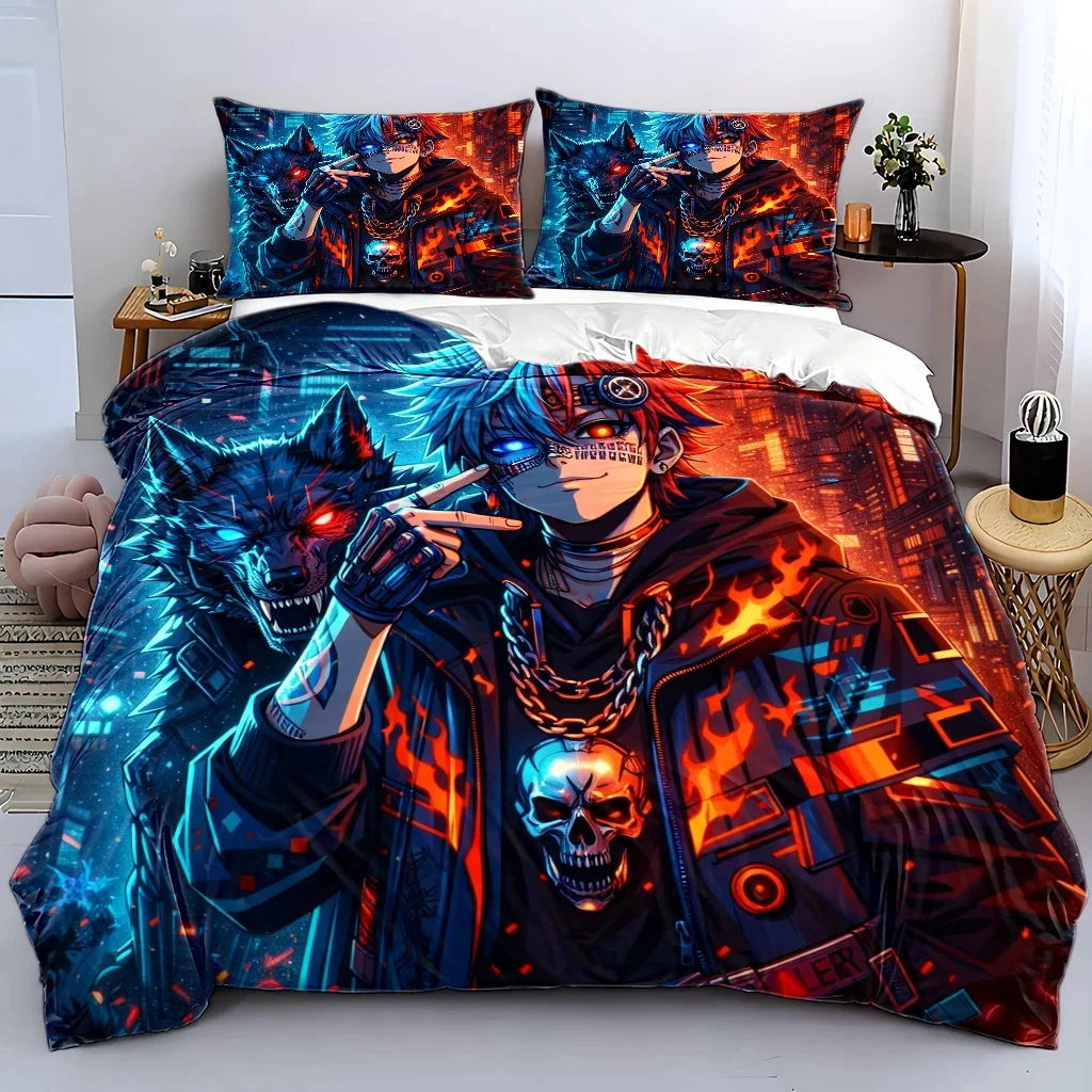 3Pc Cyberpunk Anime Trendy Style Duvet Cover Set, Bedding Three-Piece Set (1*Duvet Cover + 2*Pillowcases), Suitable for All Seasons, Machine Washable, Hidden Zipper Design, Large Double Bed Cover Set, Universal for Home, Dorm, Master Bedroom, Guest Room, Cyberpunk Wolf Elements Trendy Bedding, Personalized Skull Flame Print Bedding, Cross-Border Popular Anime Duvet Cover Three-Piece Set, Durable and Easy to Clean Dormitory Bedroom Bedding Set