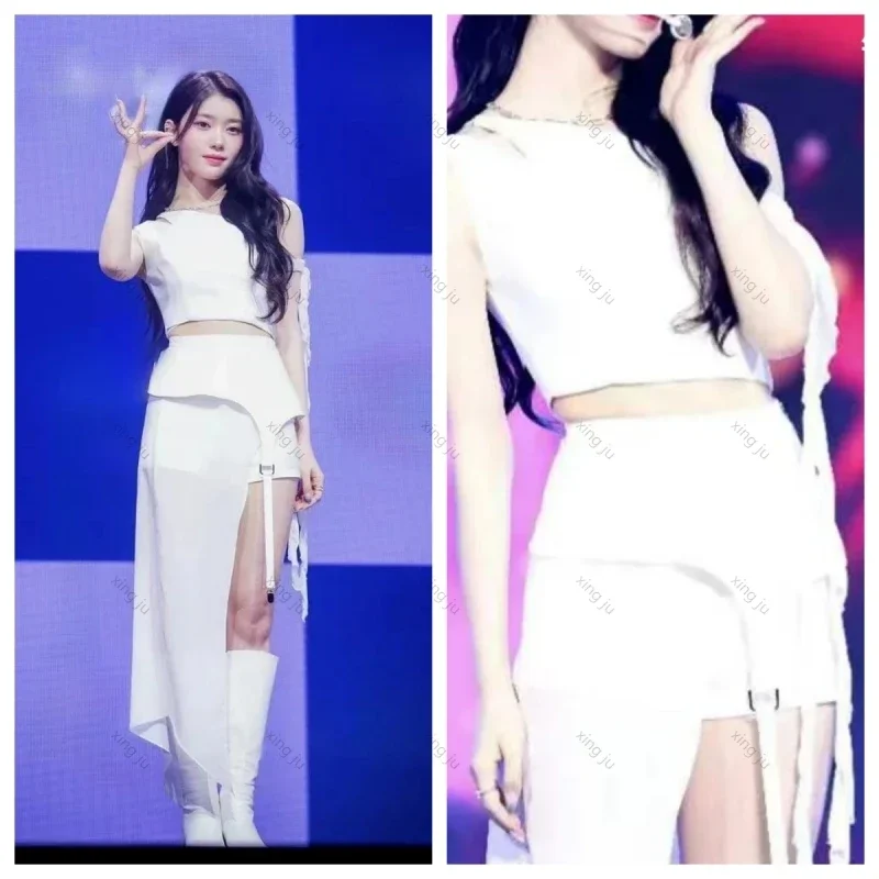 

Korean Singer Cosplay Costumes White Sexy Lace Sling Vest Short Tops Irregular Skirt Women Nightclub Stage Performance Outfits