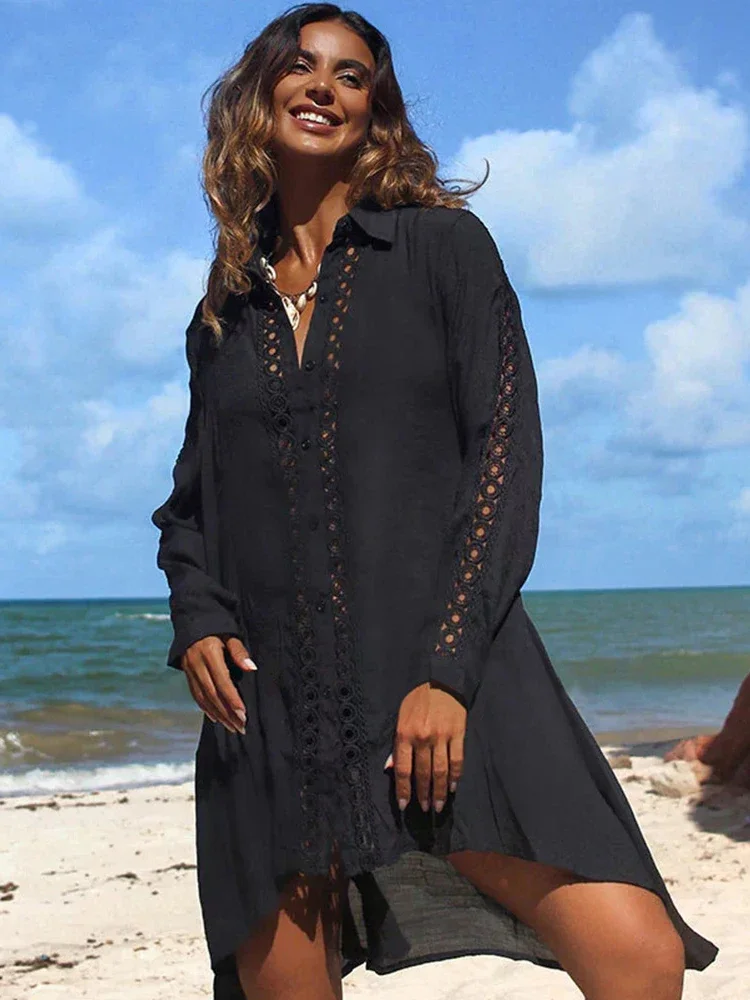 2025 nuevo Bikini Cover-Ups mujer playa cubrir ahuecado cuello vuelto vestido de una sola botonadura moda de verano ropa de playa femenina