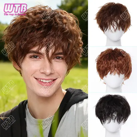 Parrucca sintetica per capelli corti ricci da festa per ragazzo Nero Marrone Capelli finti naturali finti per uomo Bello traspirante Natale Halloween