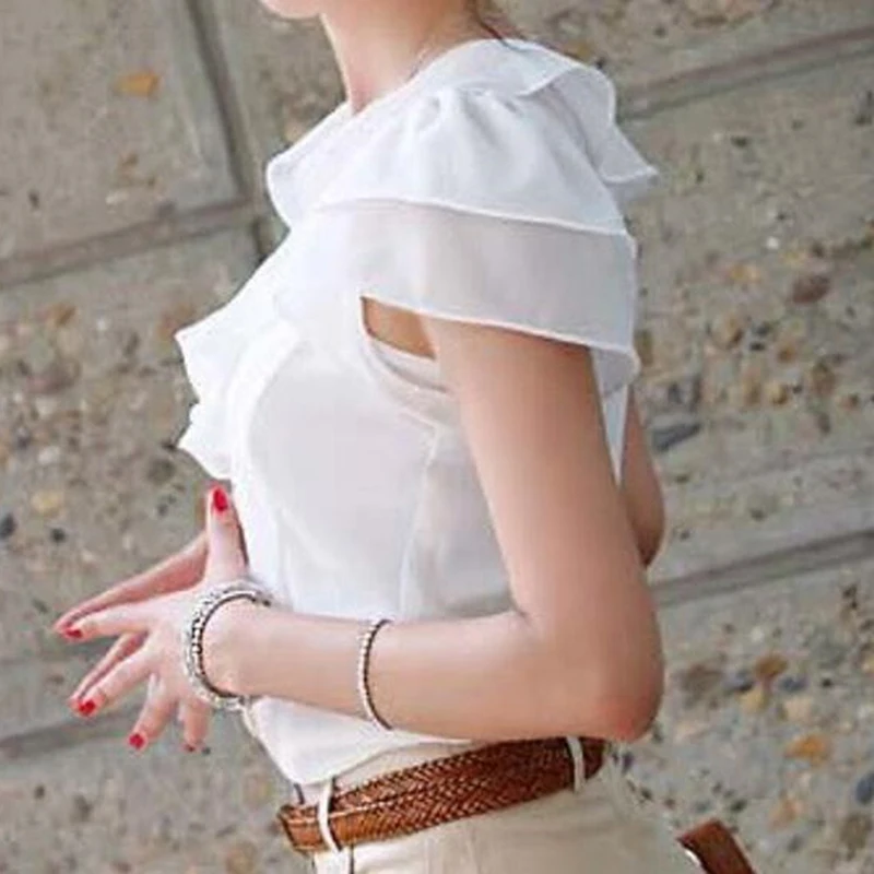 New Arrival Chiffon Short Sleeve Female Blouse Shirt Fashion Ruffles Ladies White Black Office Blouses Women Clothes
