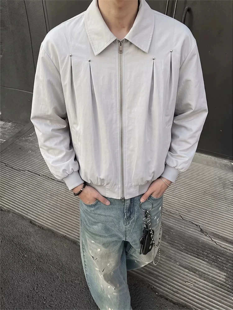 Klein Blue Pleated Flight Jacket Men's Style Autumn Rivet Design Baseball Uniform Cleanfit Short Coat Casual Loose Fit