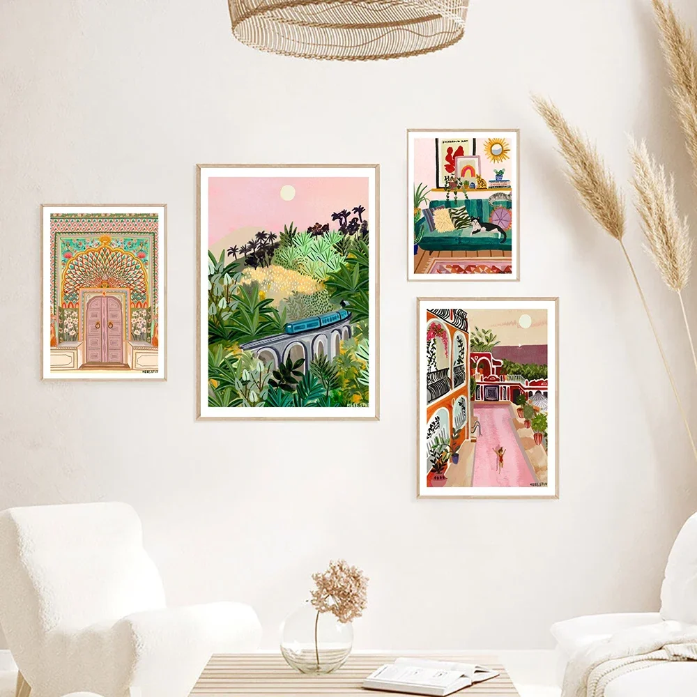 Moroccan Pink Lotus Gate Palm Building Wall Art Poster Nordic Sunset Swimmers PrintCanvas  Painting Mosque Decorative Picture