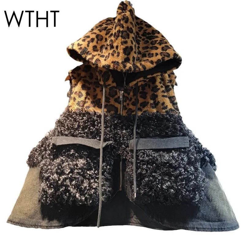 

WTHT Trendy Women's Spliced Plush Hooded Quilted Vest 2025 Autumn Fashion Drawstring Zipper Waistcoat Female 1LS2447
