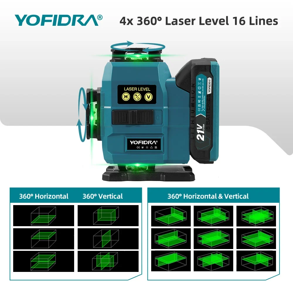 YOFIDRA 4D 16 Linien Ultra Leistungsstarker Grüner Strahl 360 ° Selbstnivellierende horizontale Lasernivelliergeräte mit 1-Meter-Stativ für Makita 21V-Akkus – Detail 8