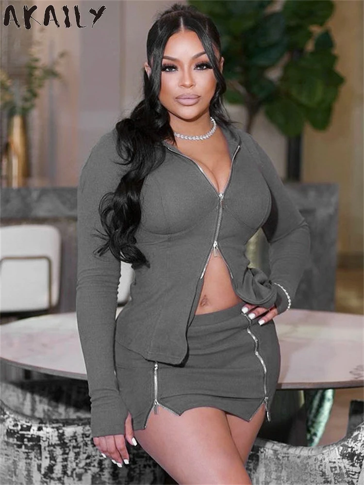 Akaily Autumn Gray Ribbed Zip-Up Women 2 Piece Set Party Club Outfits 2024 Long Sleeve Hoodie And Split Mini Skirt Matching Set