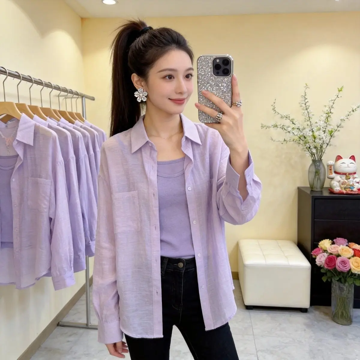 

Purple Collar Sun Protection Shirt Women's Top Summer Elegant Single Button Outerwear Open Cardigan Shirt Thin Outer Layer