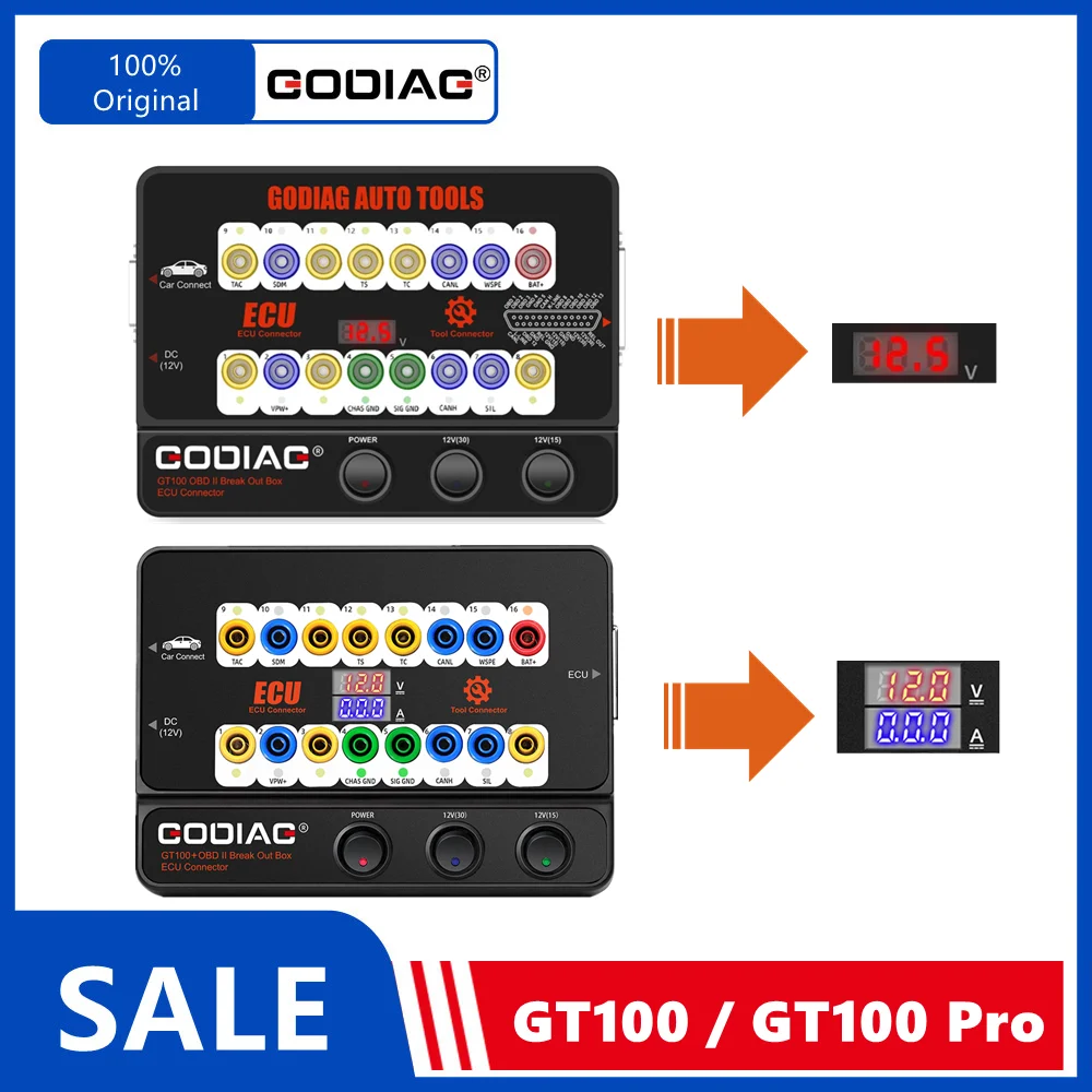 GODIAG-caja de ruptura GT100 Pro OBD2 con pantalla de corriente electrónica, usada con Xhorse VVDI2 Autel IM608 Lonsdor K518 PRO CGDI PROG