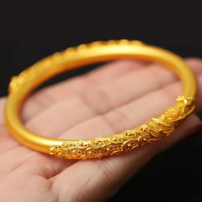 High Quality 24K Gold Bracelet for Women AU999 Dragon and Phoenix Bracelet for Women Retro Inlaid Peacock Royal Bracelet