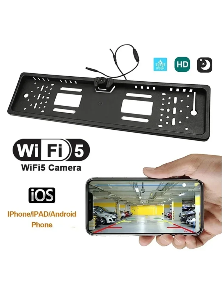 1 Set Neue WLAN-Rückfahrkamera für Autos 170 °   EU-Kennzeichenhalter mit Wasserdichter HD-Nachtsichtkamera für Rückfahrkamera, kompatibel mit iOS/Android