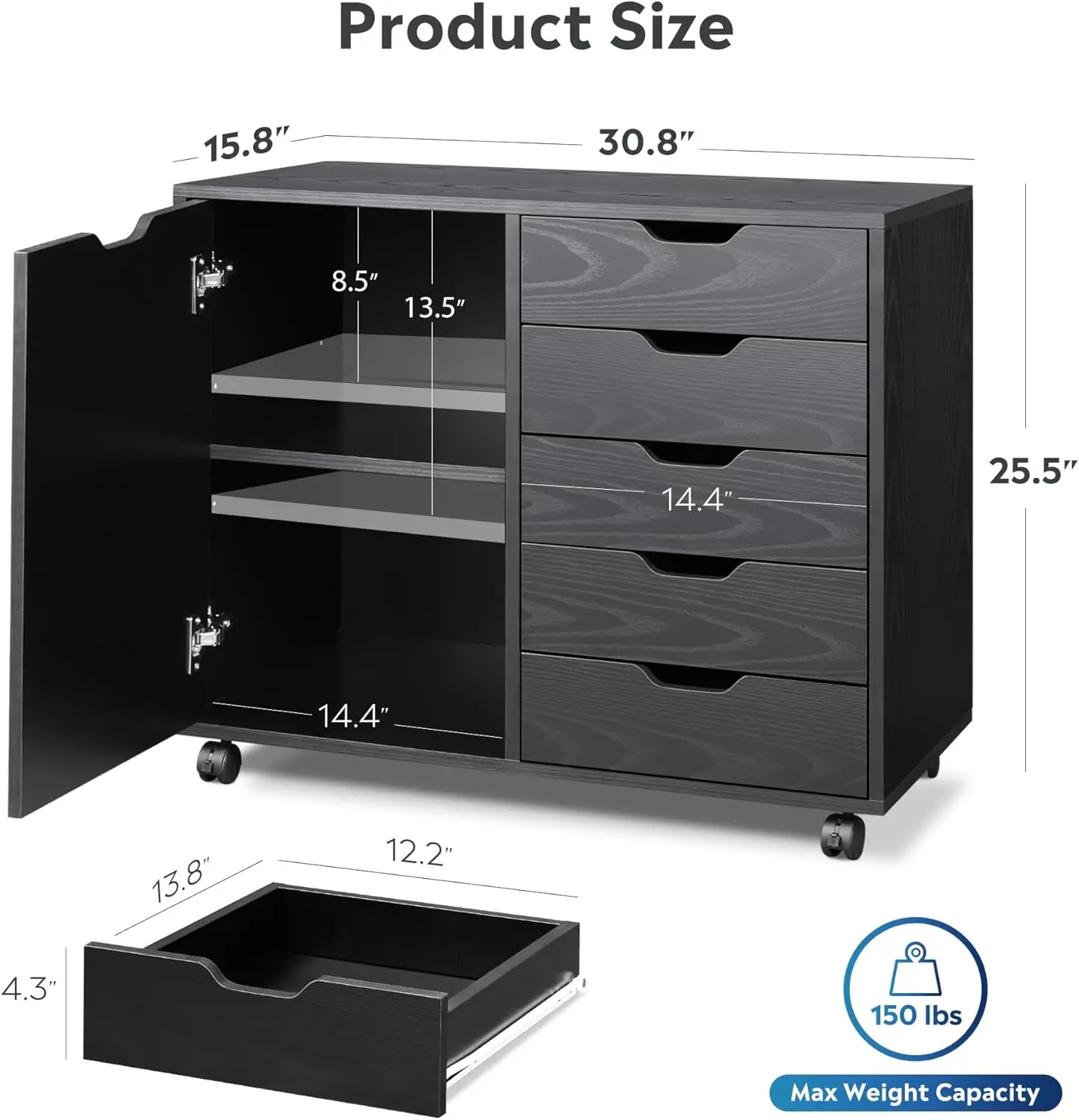 خزانة ملفات متنقلة، خزانة خشبية ذات 5 أدراج مع باب، حامل طابعة للمكتب المنزلي، أسود