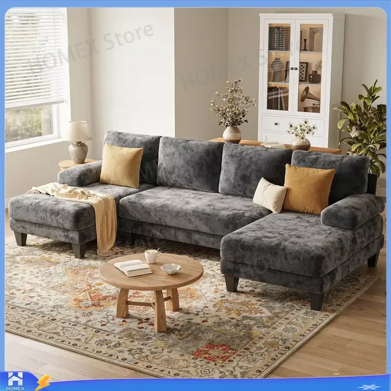 U Shaped Sectional Sofa for Living Room Chenille Fabric Double Chaise Lounge 112 Inch Dark Grey Large Corner Couch