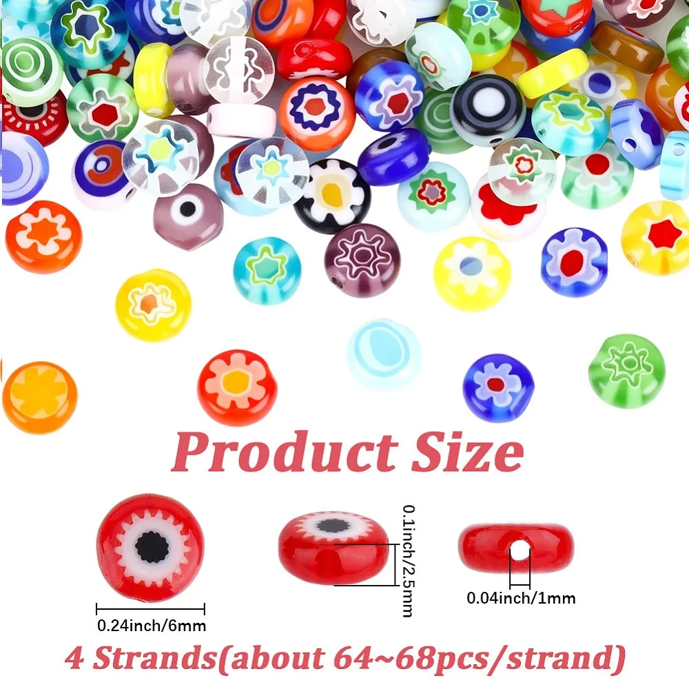 4 Strands Handmade Millefiori Glass Flat Round Bead Strands Single Flower Design Colorful 6x2.5mm Hole: 1mm